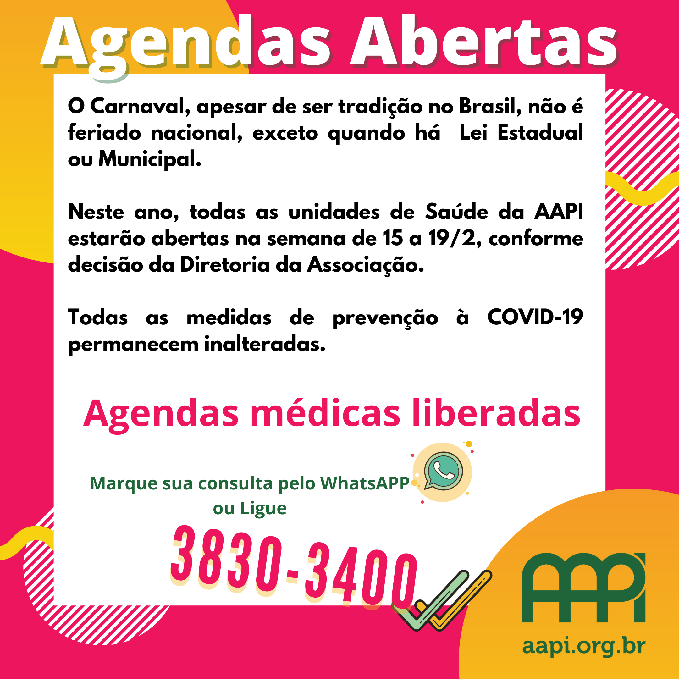 AAPI funcionará normalmente no carnaval - Acesse aapi.org.br